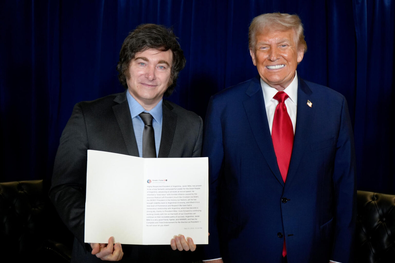 Trump recebe Javier Milei na Casa Branca e anuncia pacote de apoio econômico à Argentina