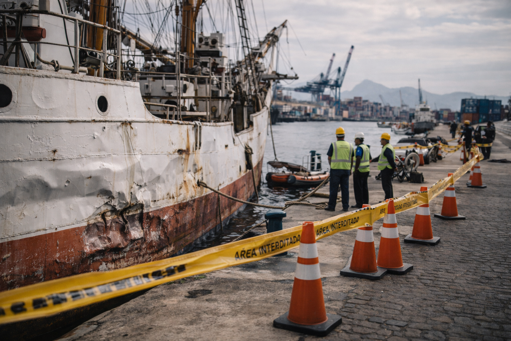 Navio científico Professor W. Besnard tomba no Porto de Santos e fica parcialmente submerso